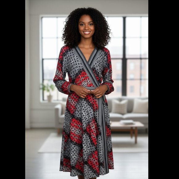 Preen Edition Mixed Media Wrap Dress Plaid Floral Red Black US 10 - Picture 1 of 11